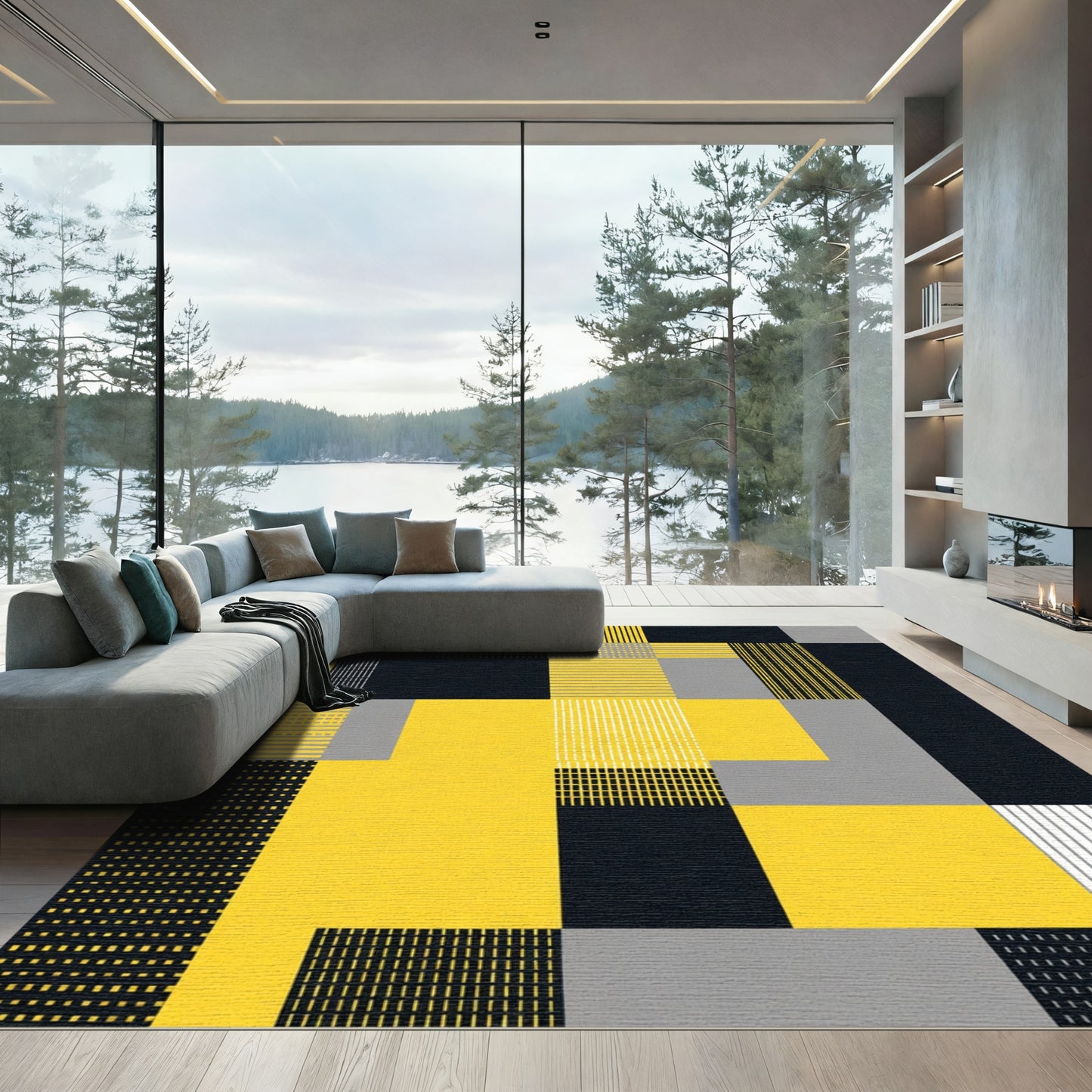 Modern Yellow Gray Geometric Blocks Rug