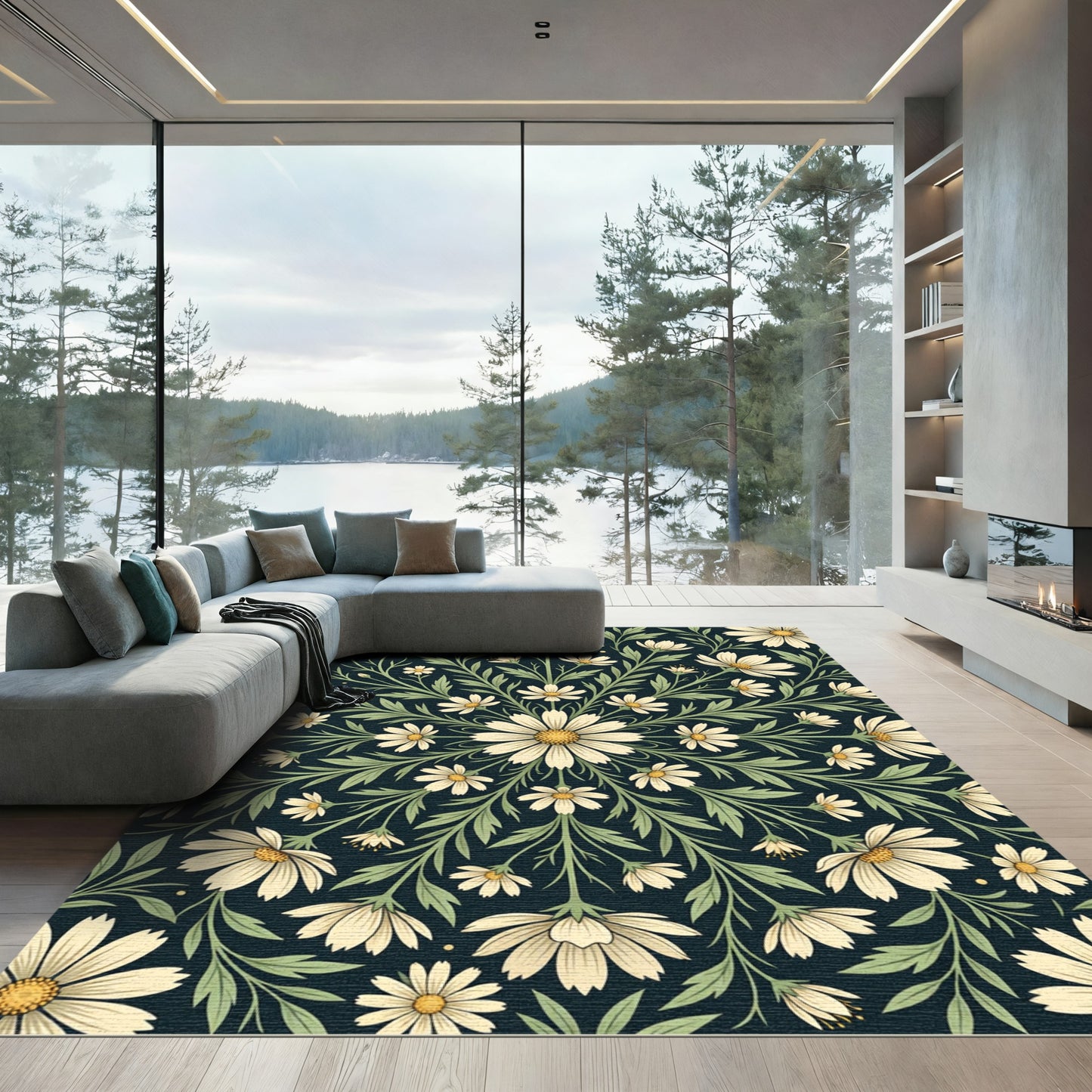 Midnight Daisy Floral Medallion Composition Rug