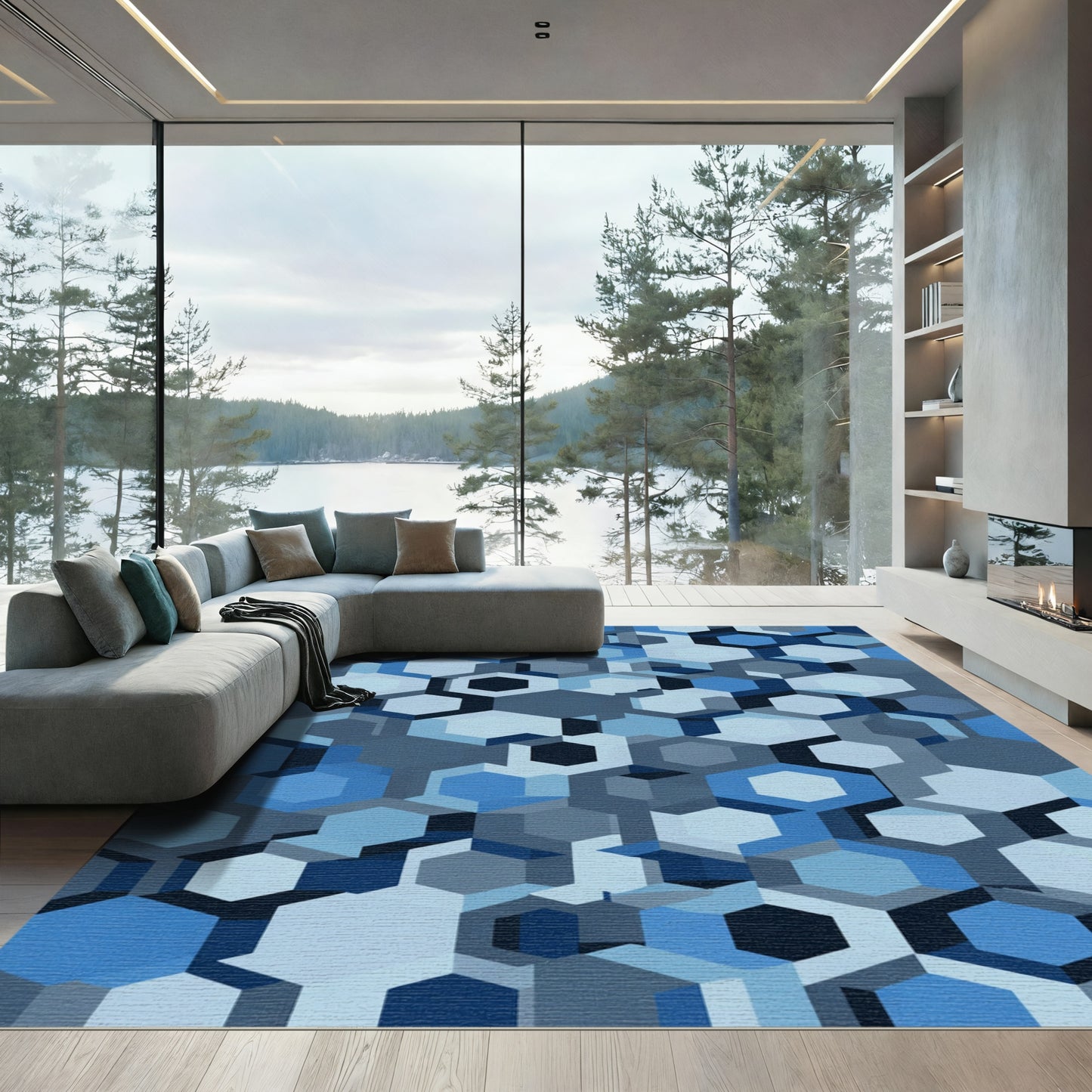 Blue Geometric Hexagon Mosaic Rug