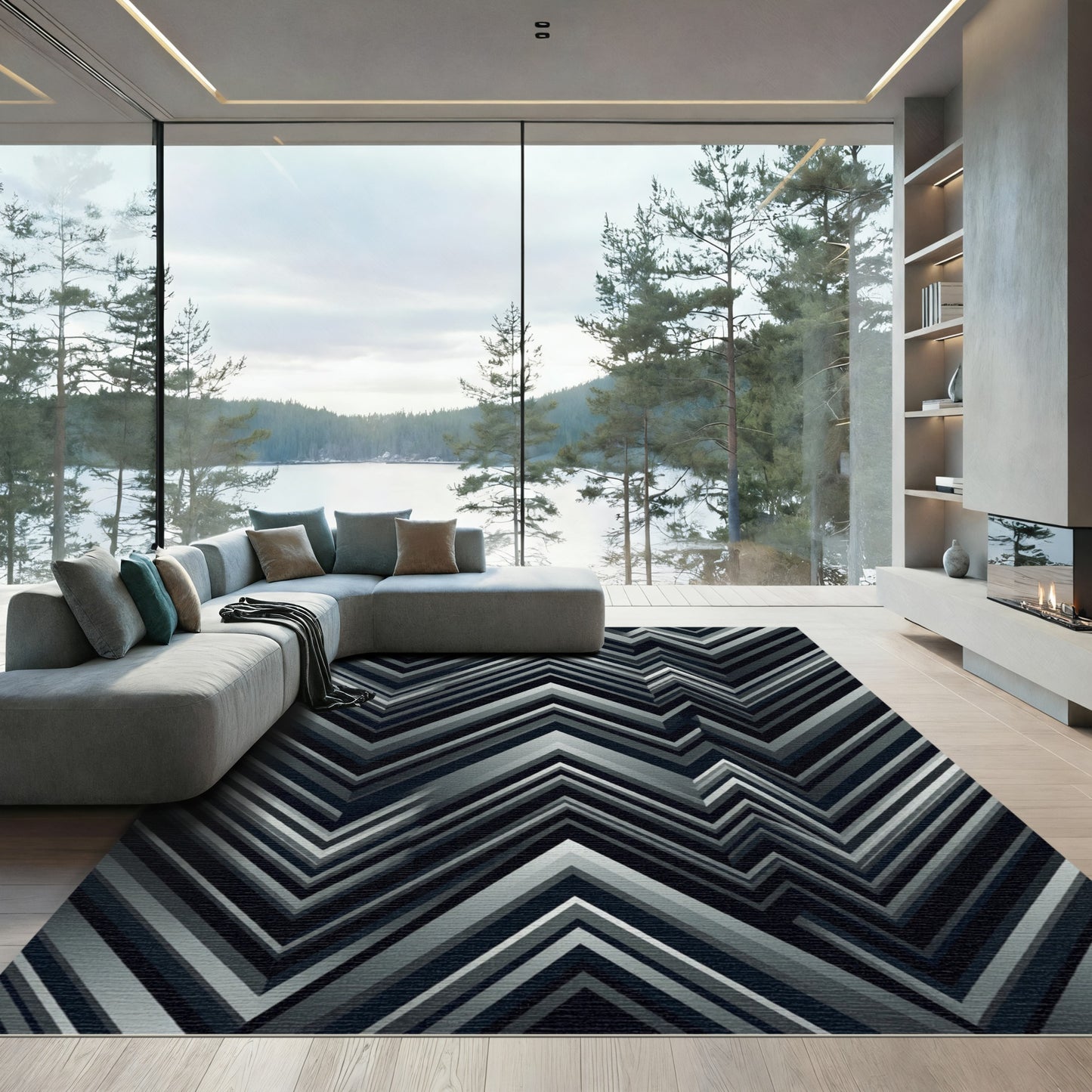Chic Grey Chevron Zigzag Layered Rug