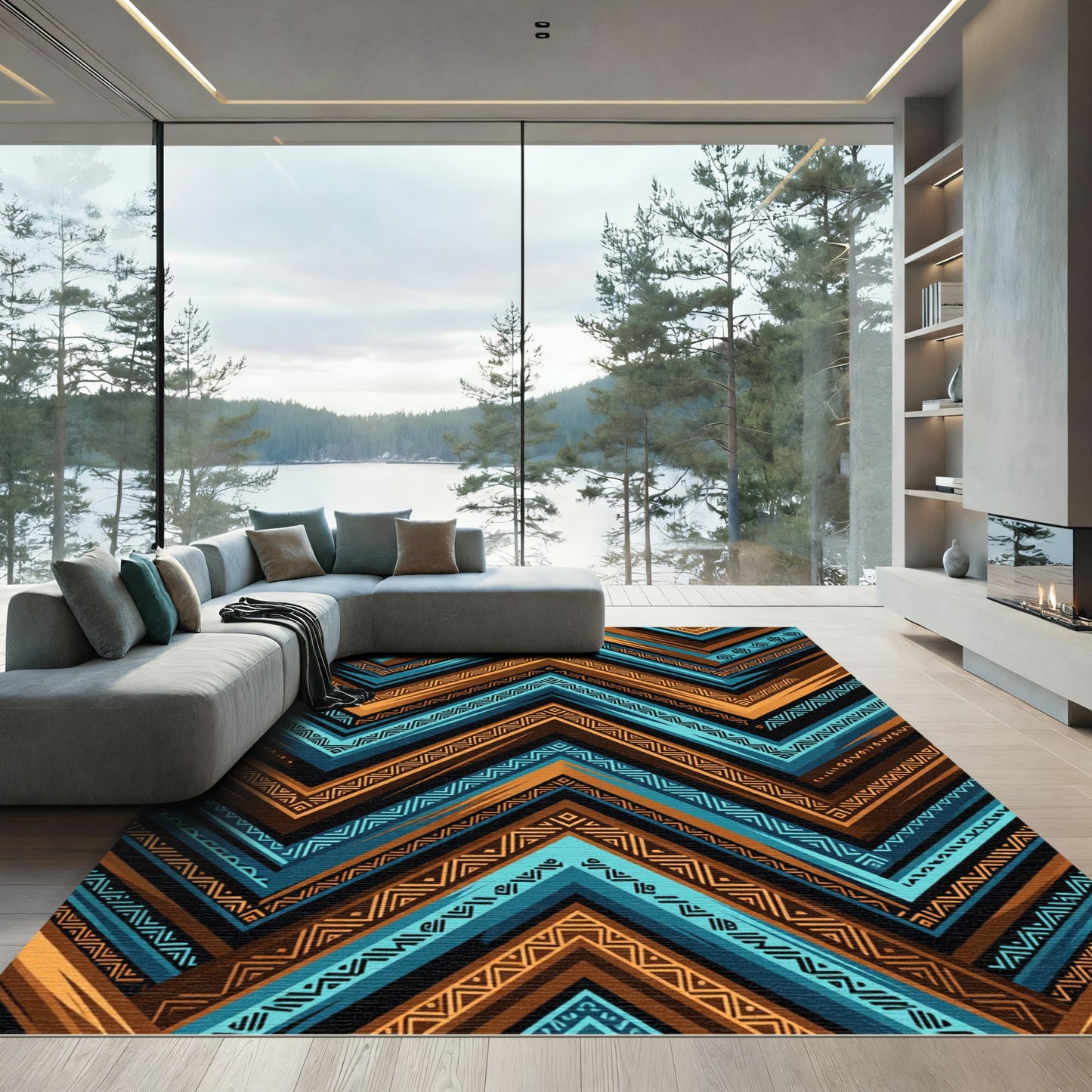 Geometric Chevron Aztec Teal Gold Earth Rug
