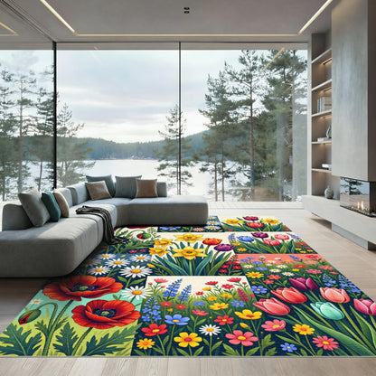 Vibrant Red Poppy Daisy Tulip Collection Rug
