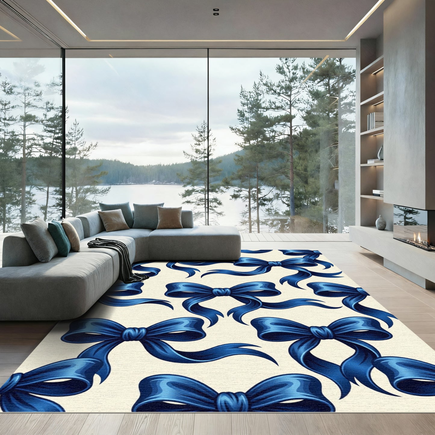 Elegant Midnight Blue Satin Ribbon Grid Rug