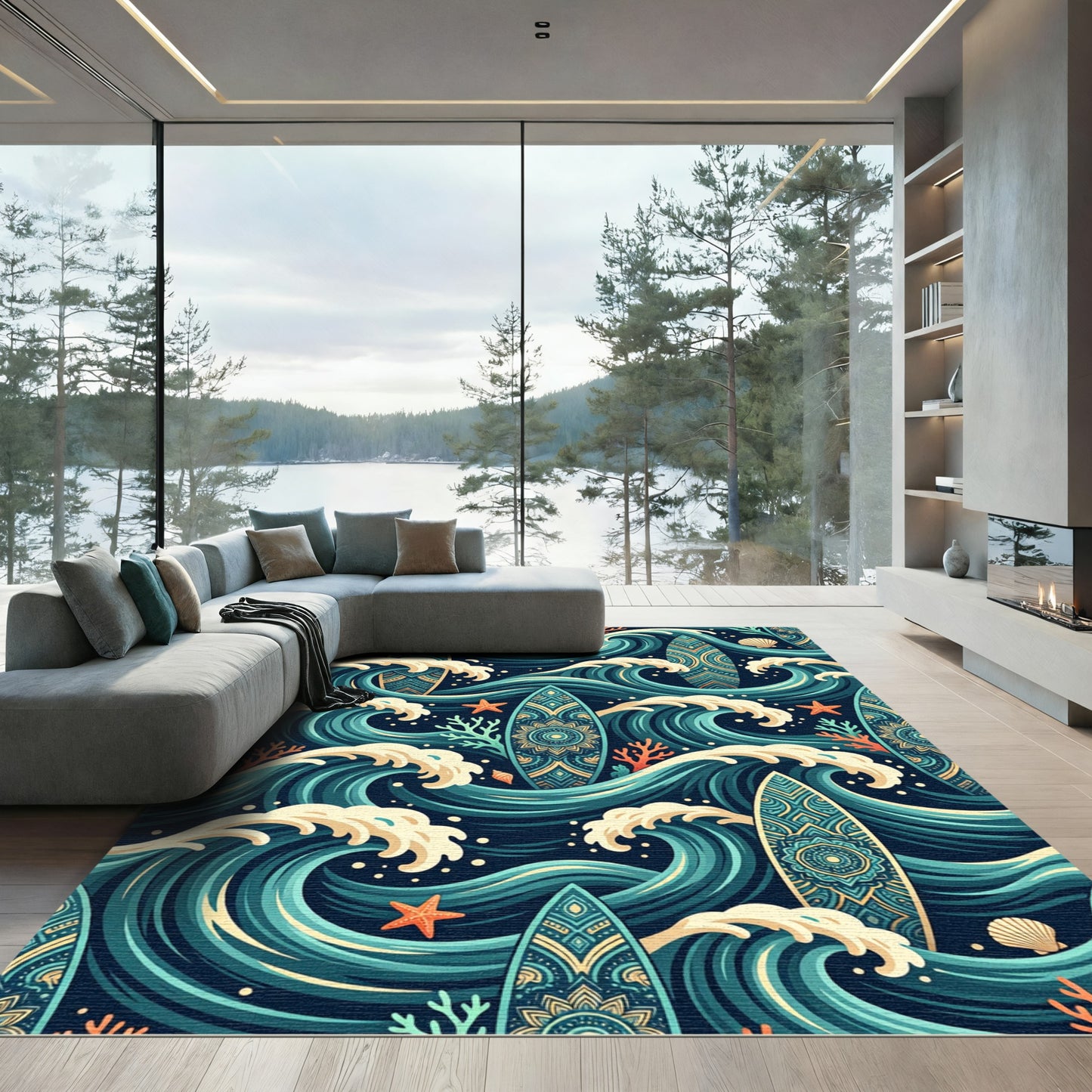 Teal Ocean Wave Surfboard Mandala Rug