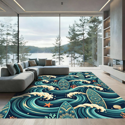Teal Ocean Wave Surfboard Mandala Rug