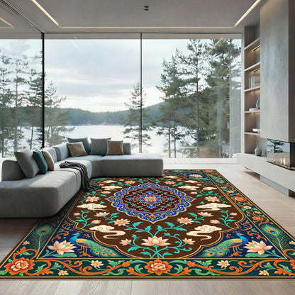 Peacock Lotus Floral Medallion Brown Rug
