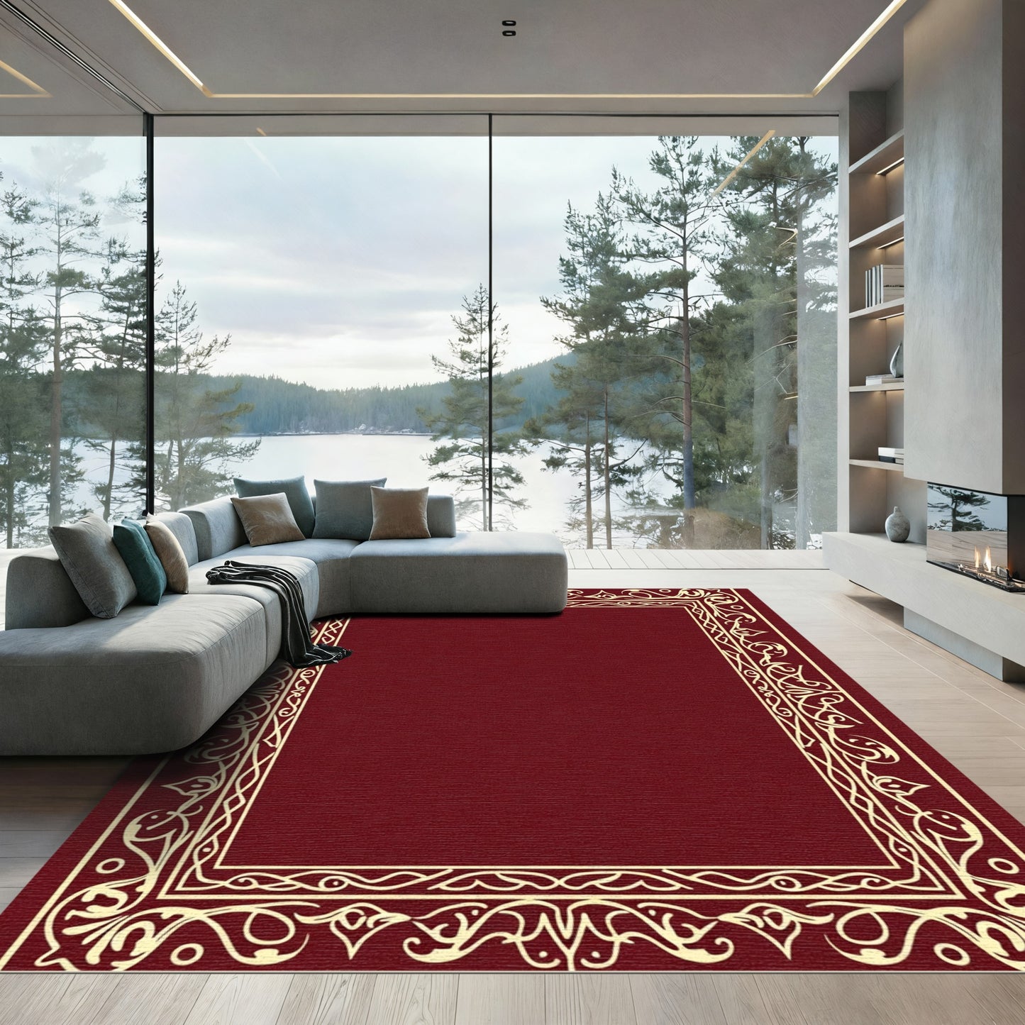 Rich Burgundy Cream Vine Border Rug