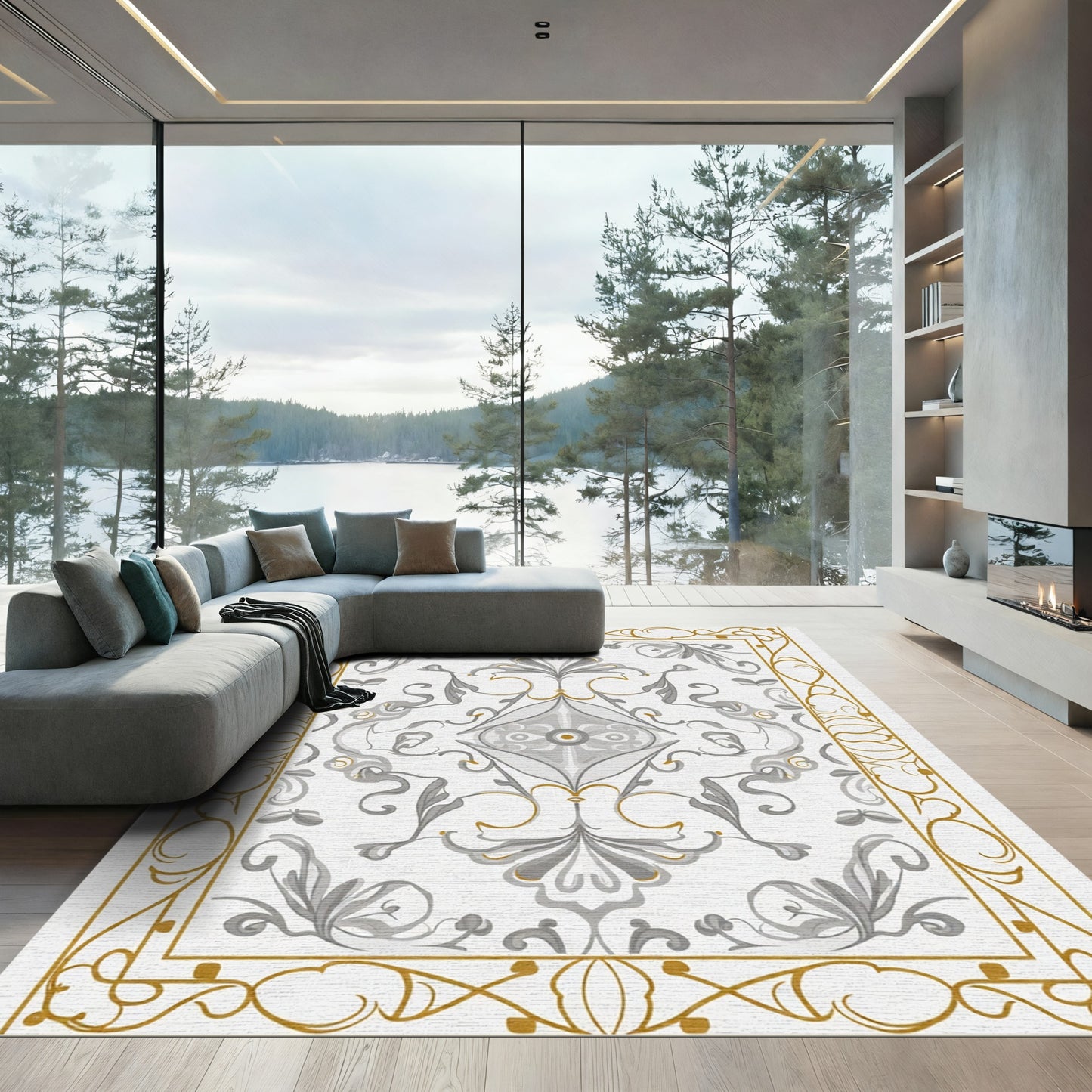 Elegant Gold Leaf Gray Scroll Rug