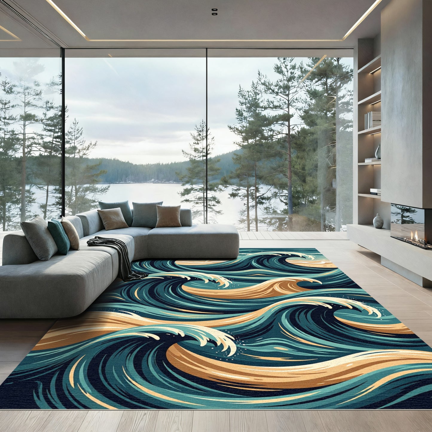 Ocean Swell Teal and Golden Wave Rug
