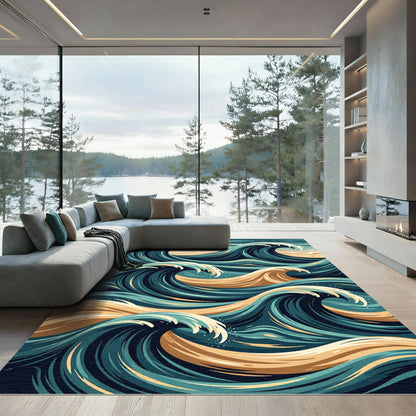 Ocean Swell Teal and Golden Wave Rug