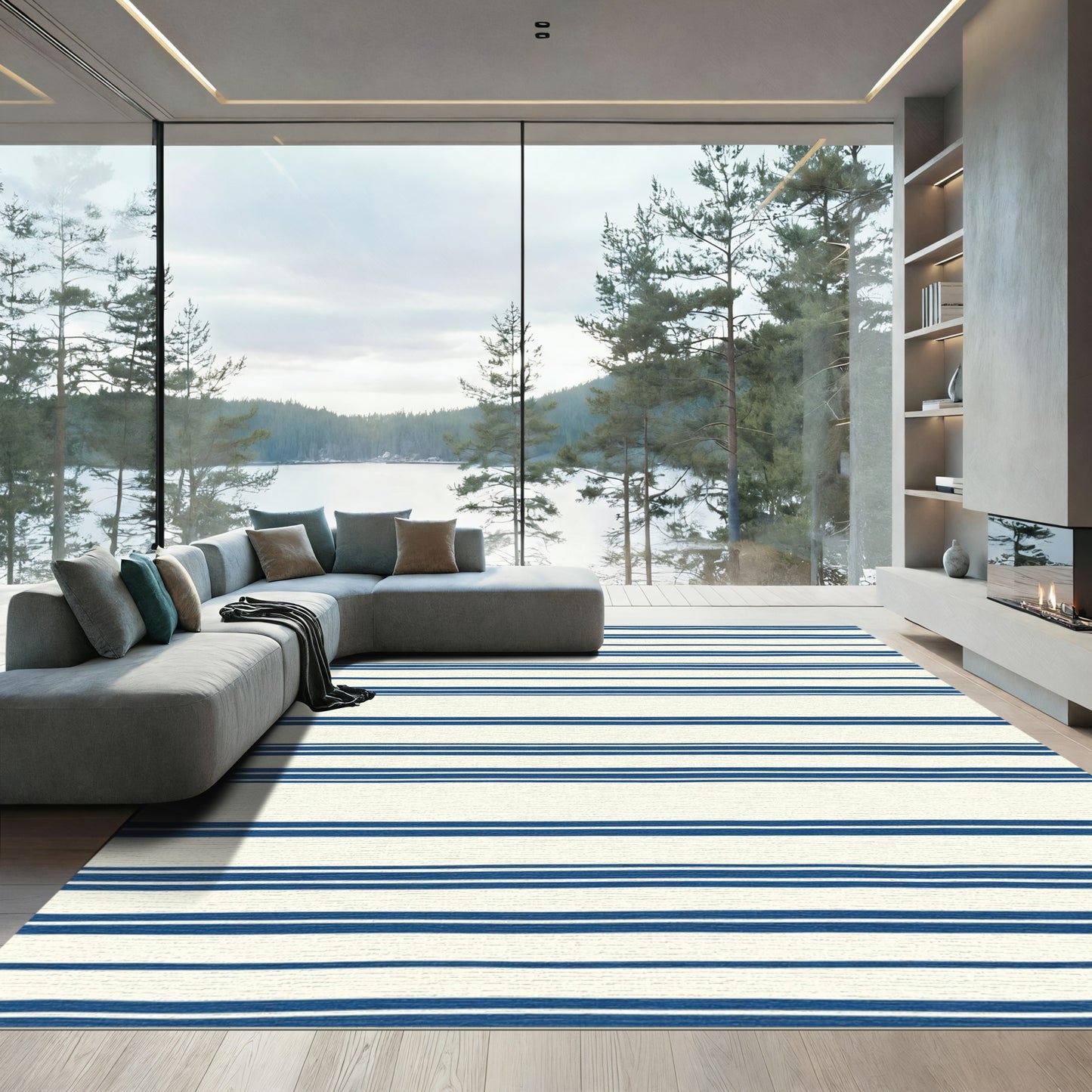 Navy Blue White Uneven Striped Rug