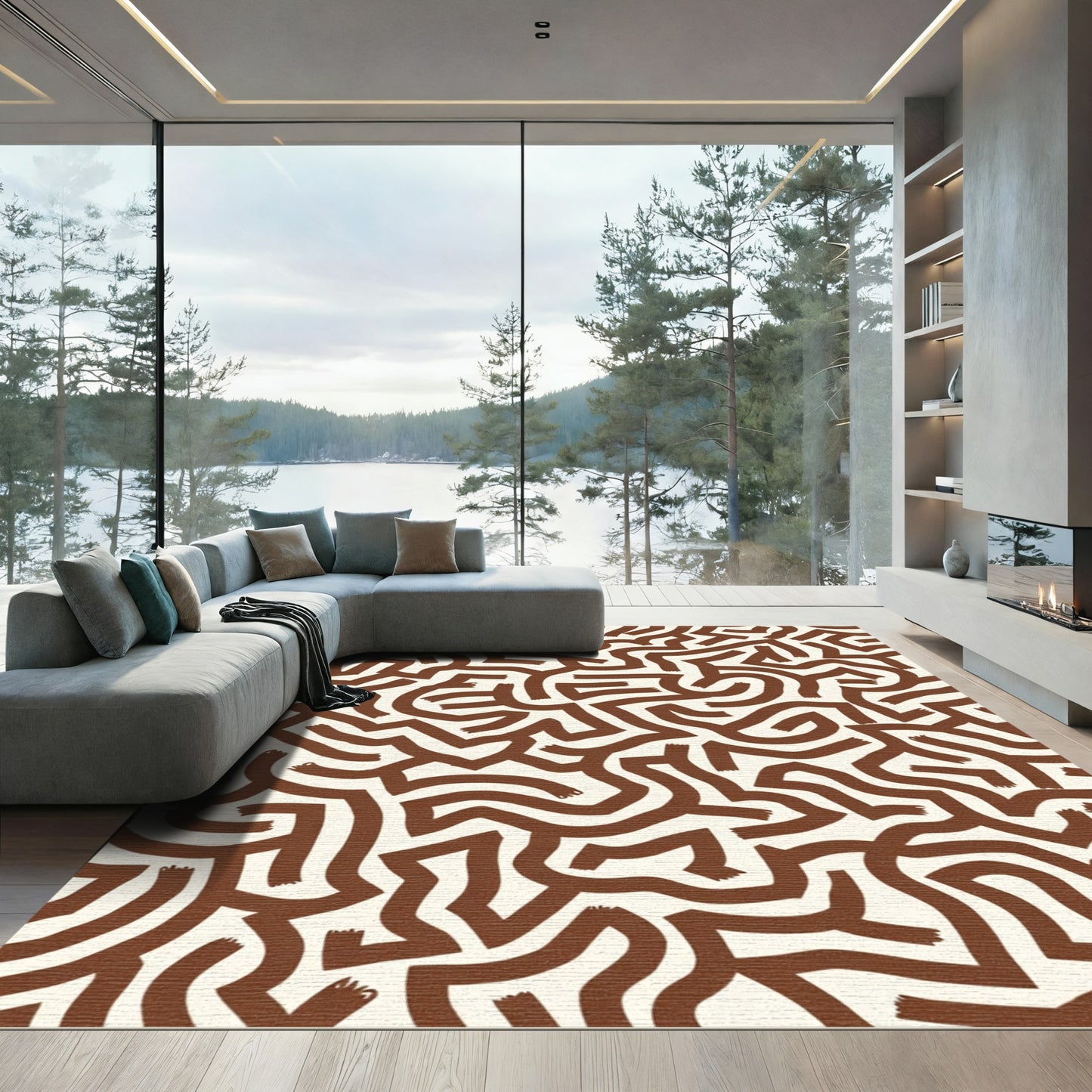 Brown Cream Abstract Maze Rug