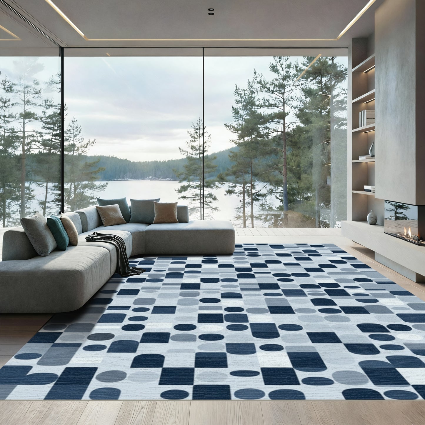 Moody Blue Geometric Tessellation Rug