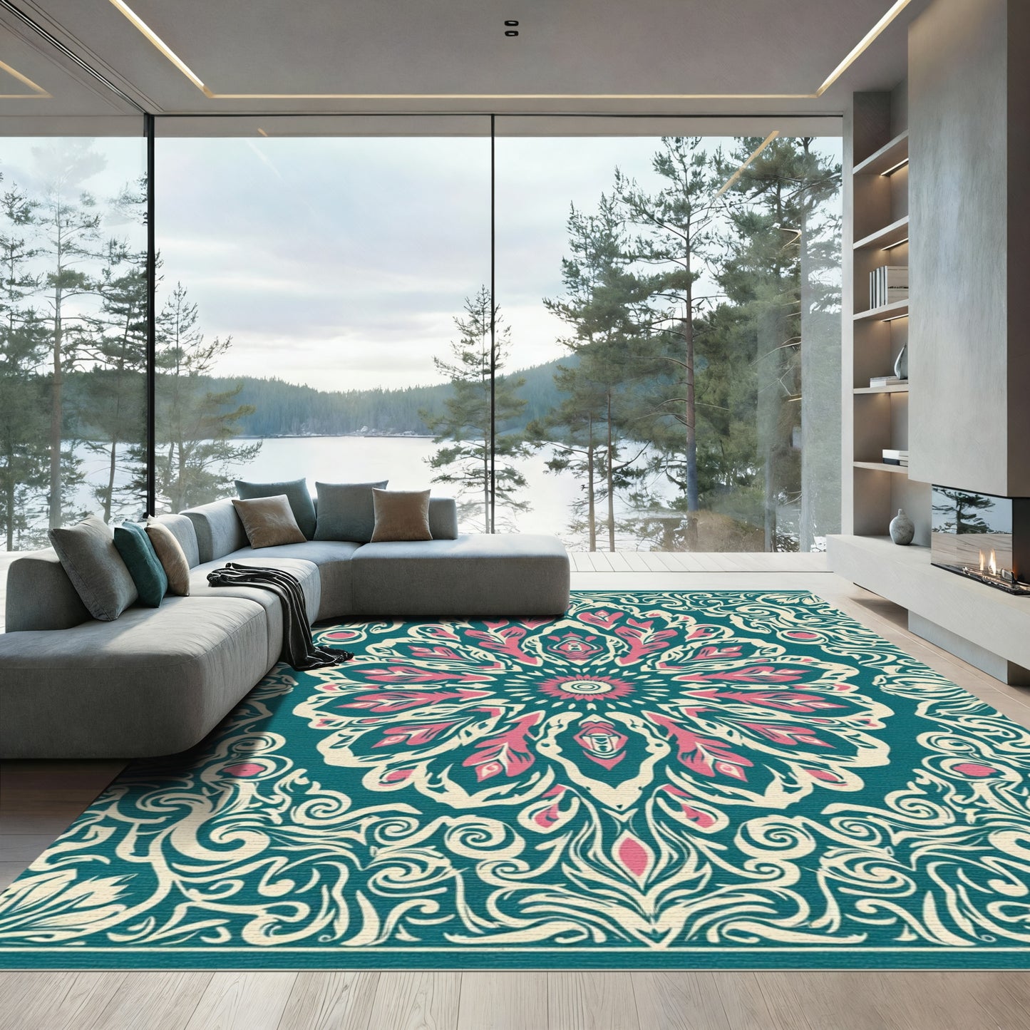 Teal Coral Floral Medallion Harmony Rug