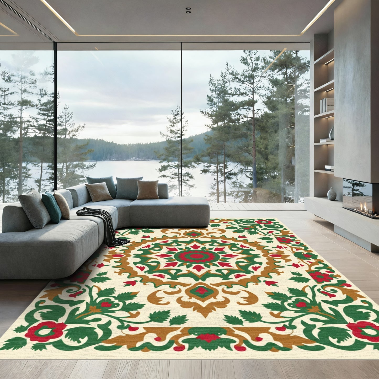 Crimson Green Floral Medallion Composition Rug
