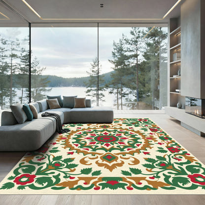 Crimson Green Floral Medallion Composition Rug