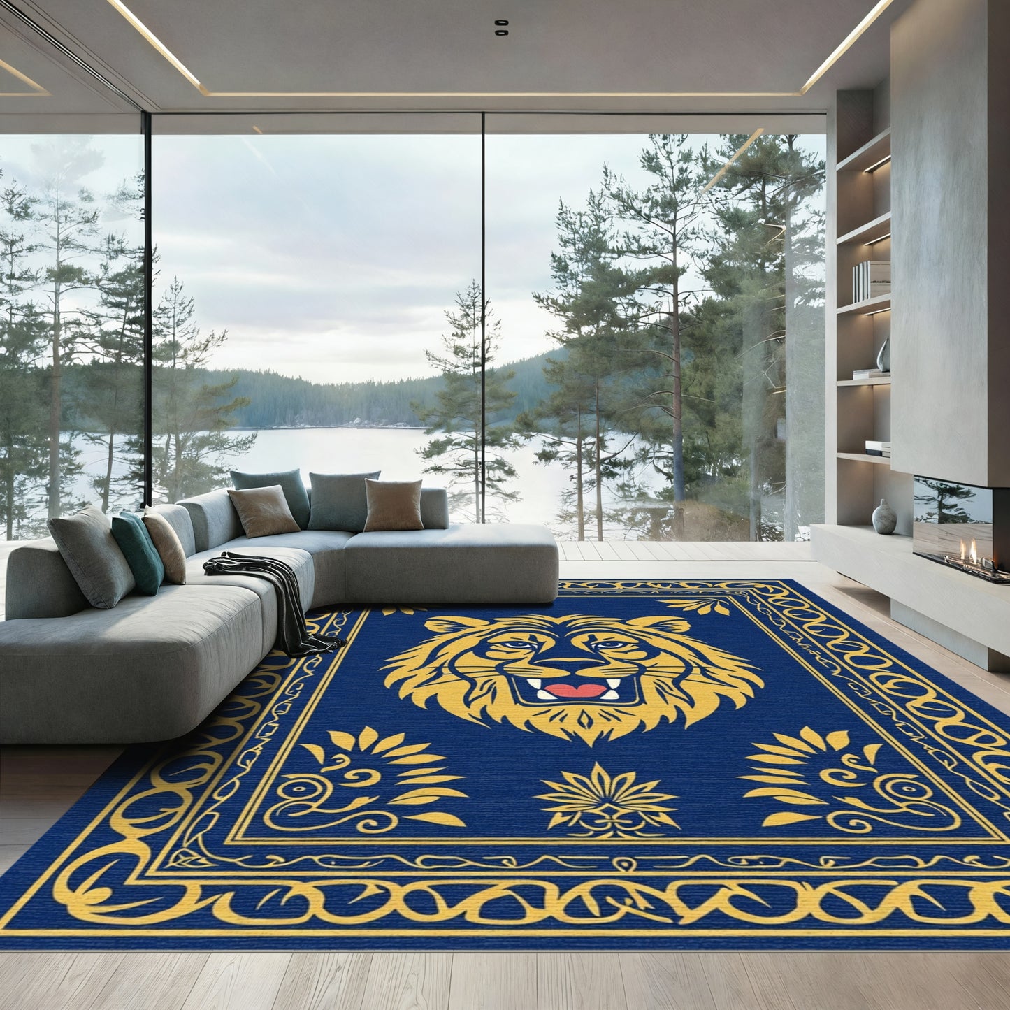 Majestic Blue Gold Lion Emblem Rug