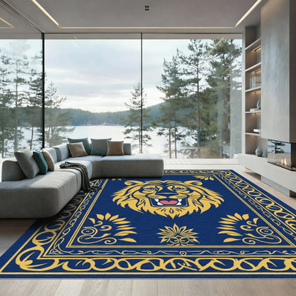 Majestic Blue Gold Lion Emblem Rug
