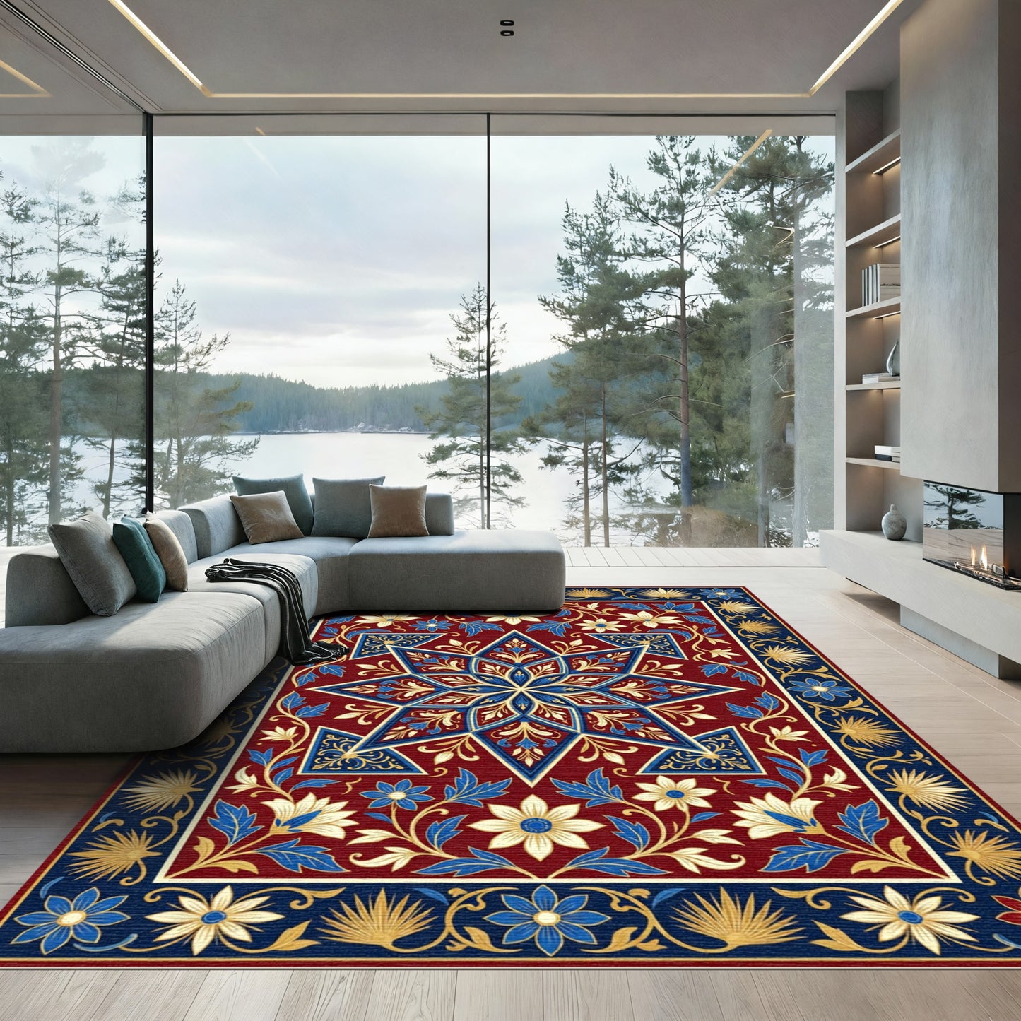 Deep Crimson Floral Star Medallion Rug