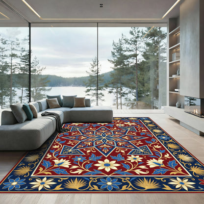 Deep Crimson Floral Star Medallion Rug