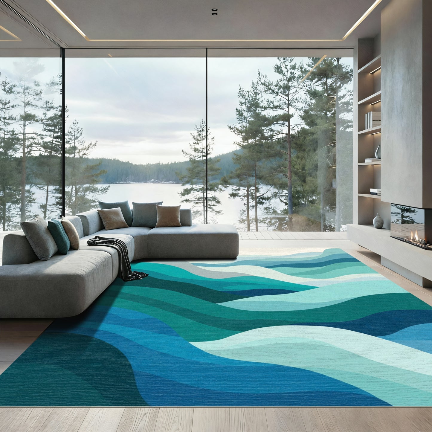 Teal Blue Layered Wavy Landscape Rug