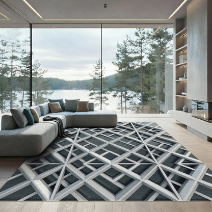 Sophisticated Slate Gray Geometric Lattice Rug