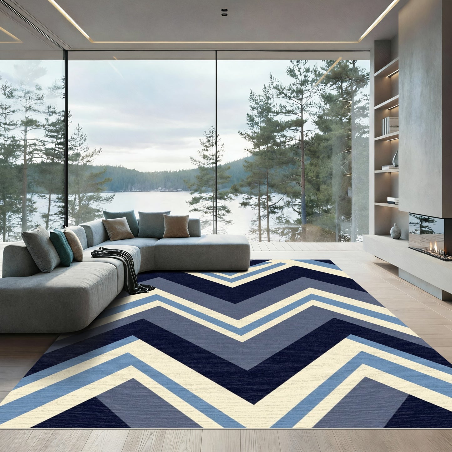 Navy Blue Chevron Stripes Rug
