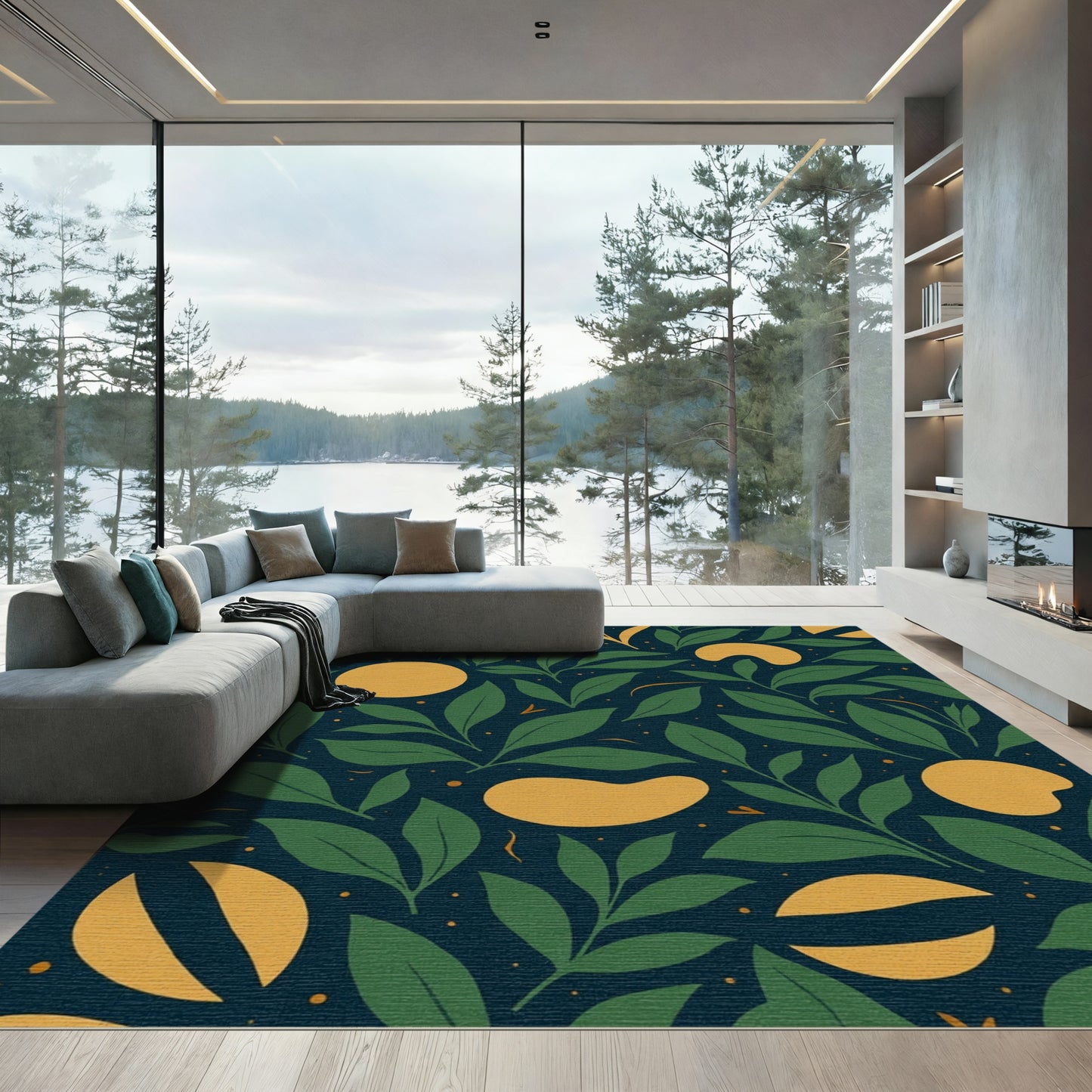 Deep Teal Green Leafy Citrus Rug