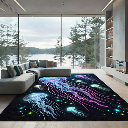 Bioluminescent Neon Jellyfish Deep Sea Flow Rug