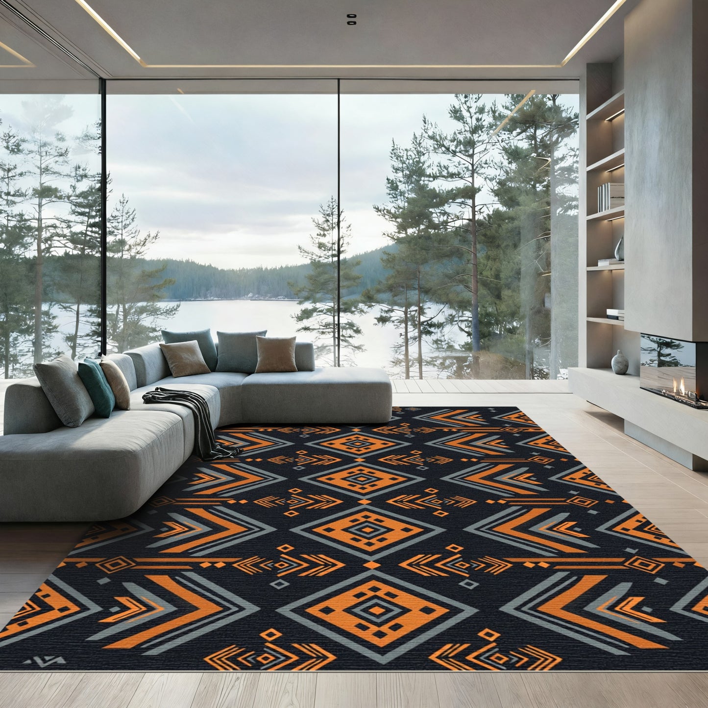 Bold Black Orange Geometric Arrow Tribal Rug