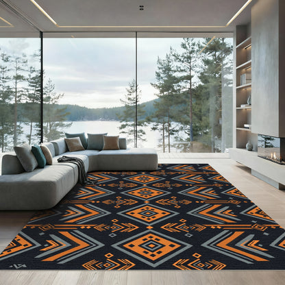 Bold Black Orange Geometric Arrow Tribal Rug