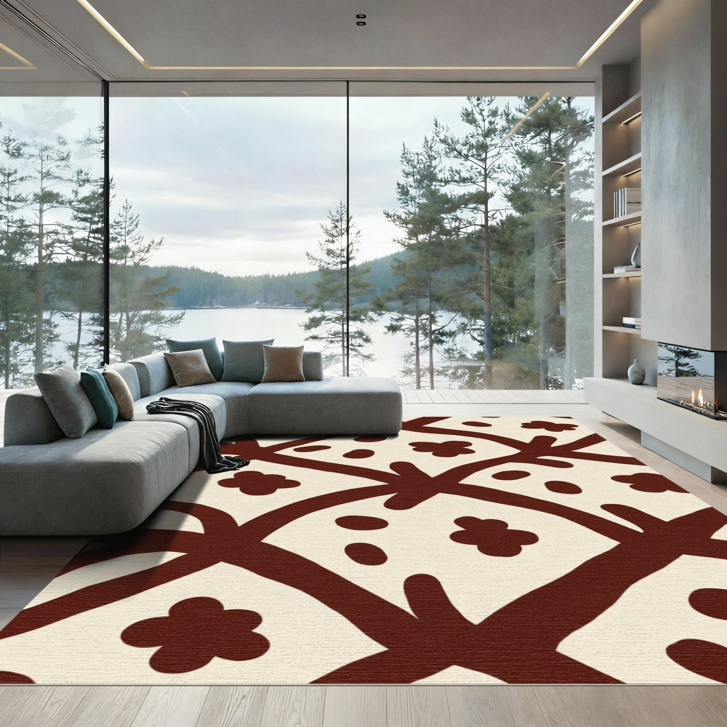 Cream Brown Organic Floral Lattice Rug