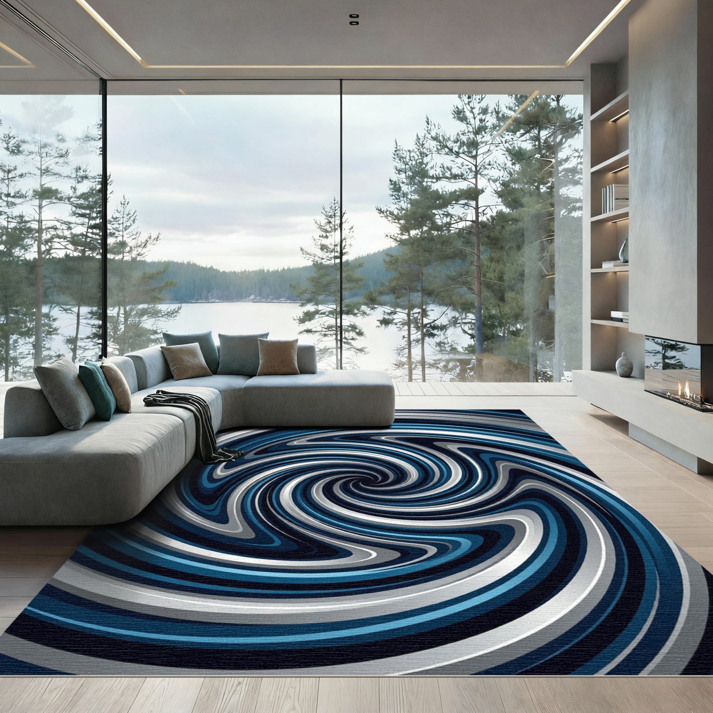 Dynamic Blue and Silver Swirl Spiral Rug
