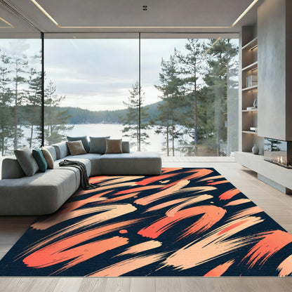 Coral Orange Brushstrokes on Dark Navy Rug