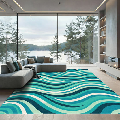 Retro Teal Aqua Wavy Stripes Rug