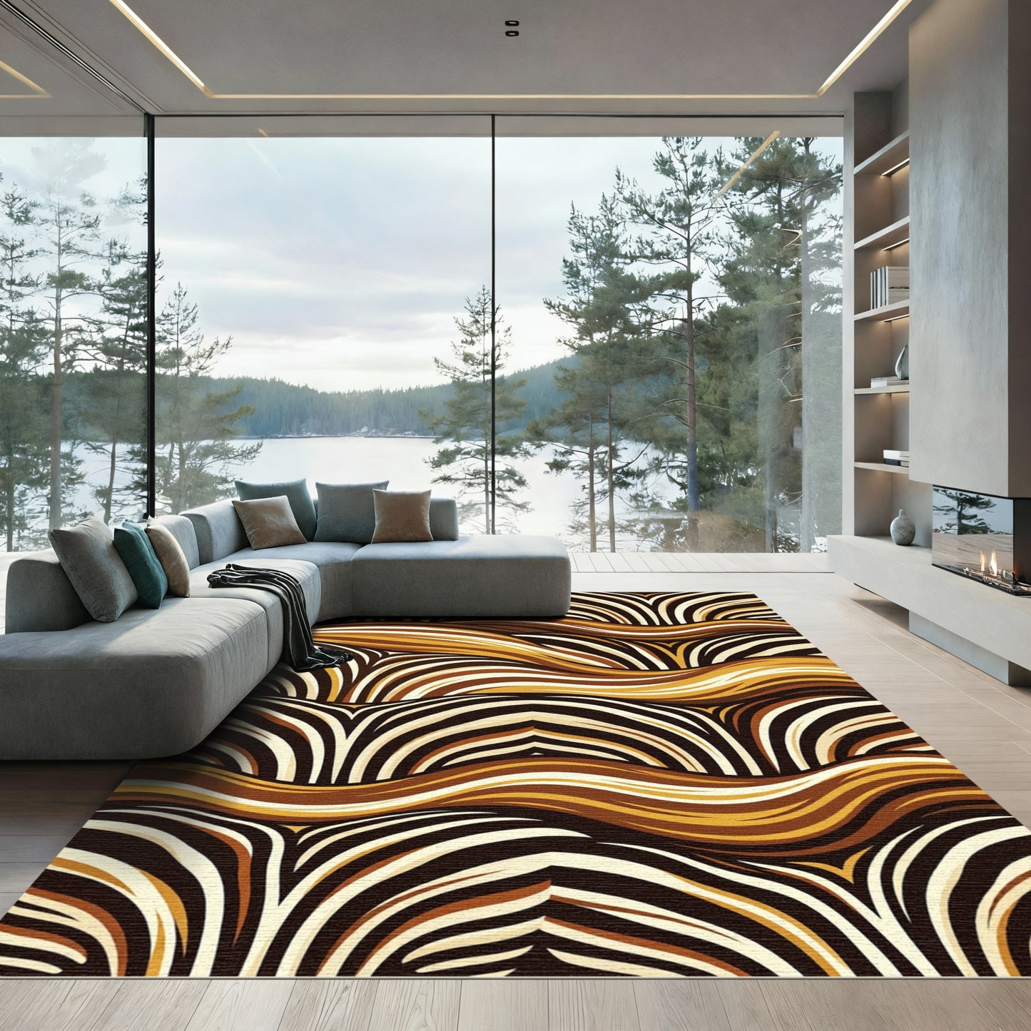 Modern Golden Brown Wavy Abstract Stripe Rug