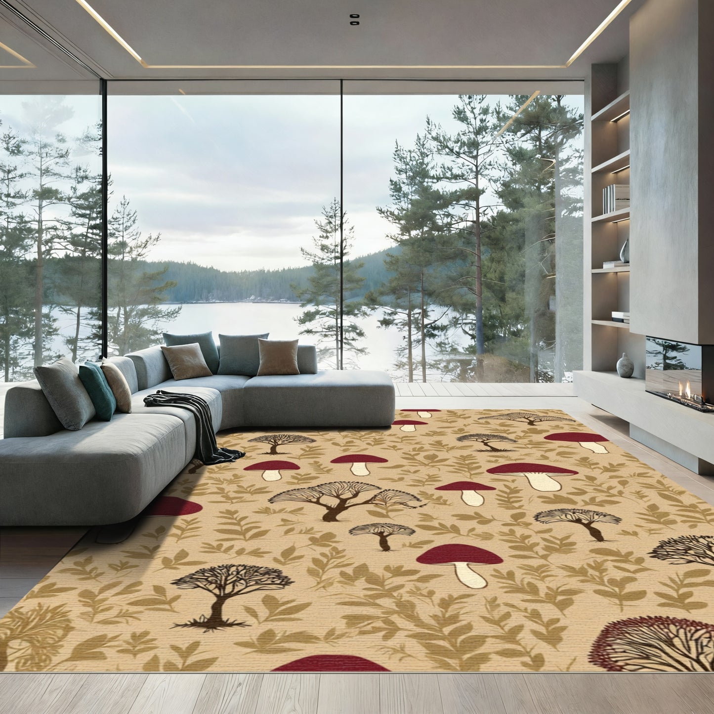 Red Mushroom Woodland Trees Beige Background Rug