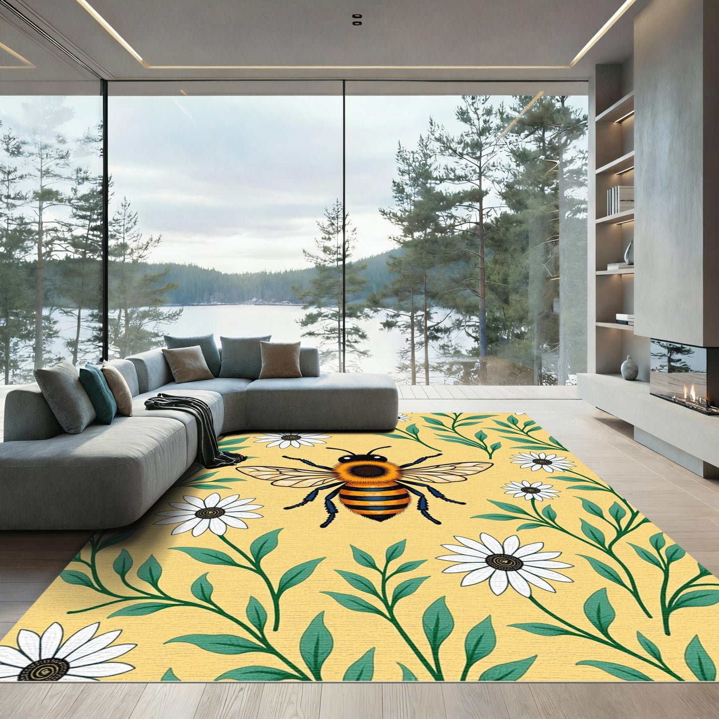 Golden Yellow Bee Daisy Garden Rug