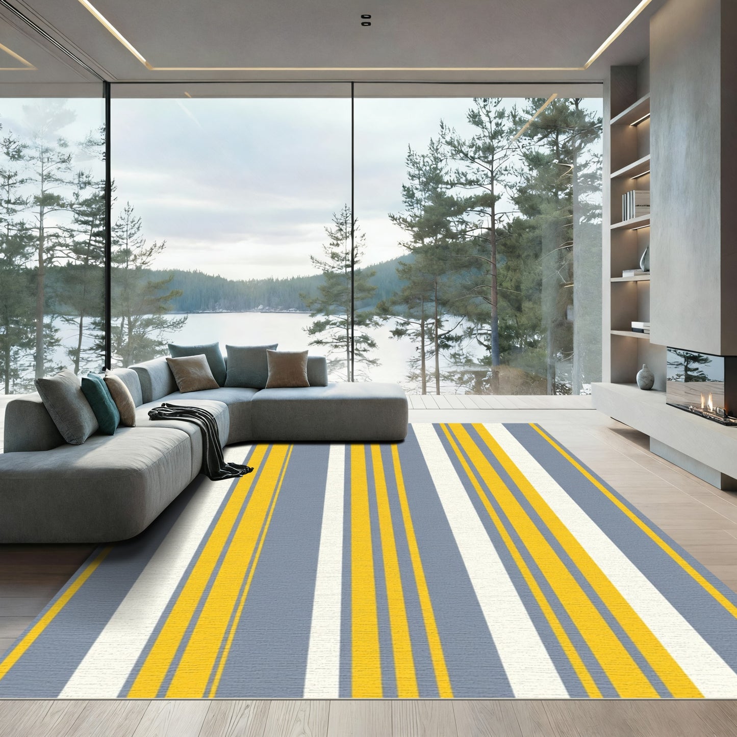 Modern Yellow Blue Stripe Composition Rug