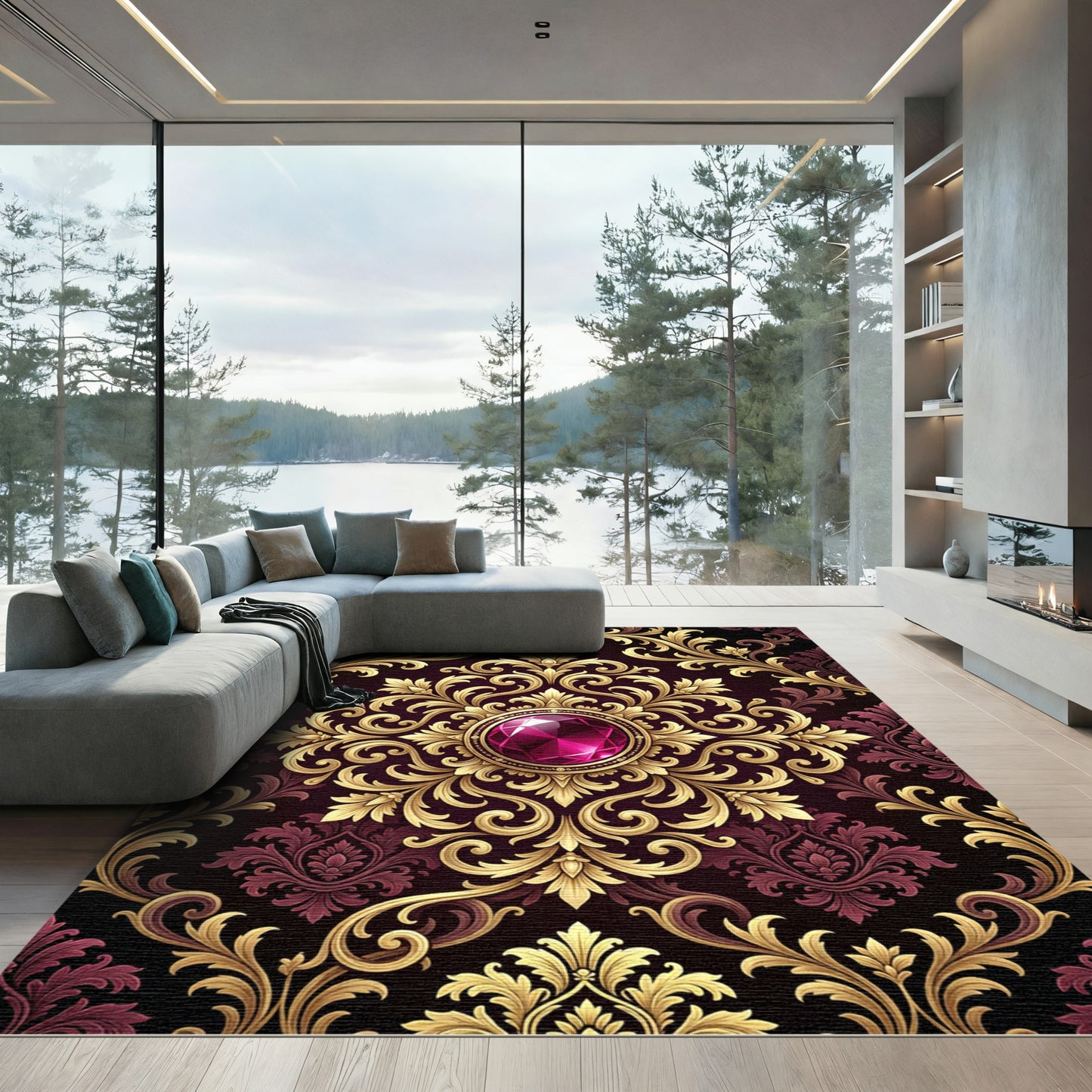 Regal Gold Crimson Jewel Medallion Rug