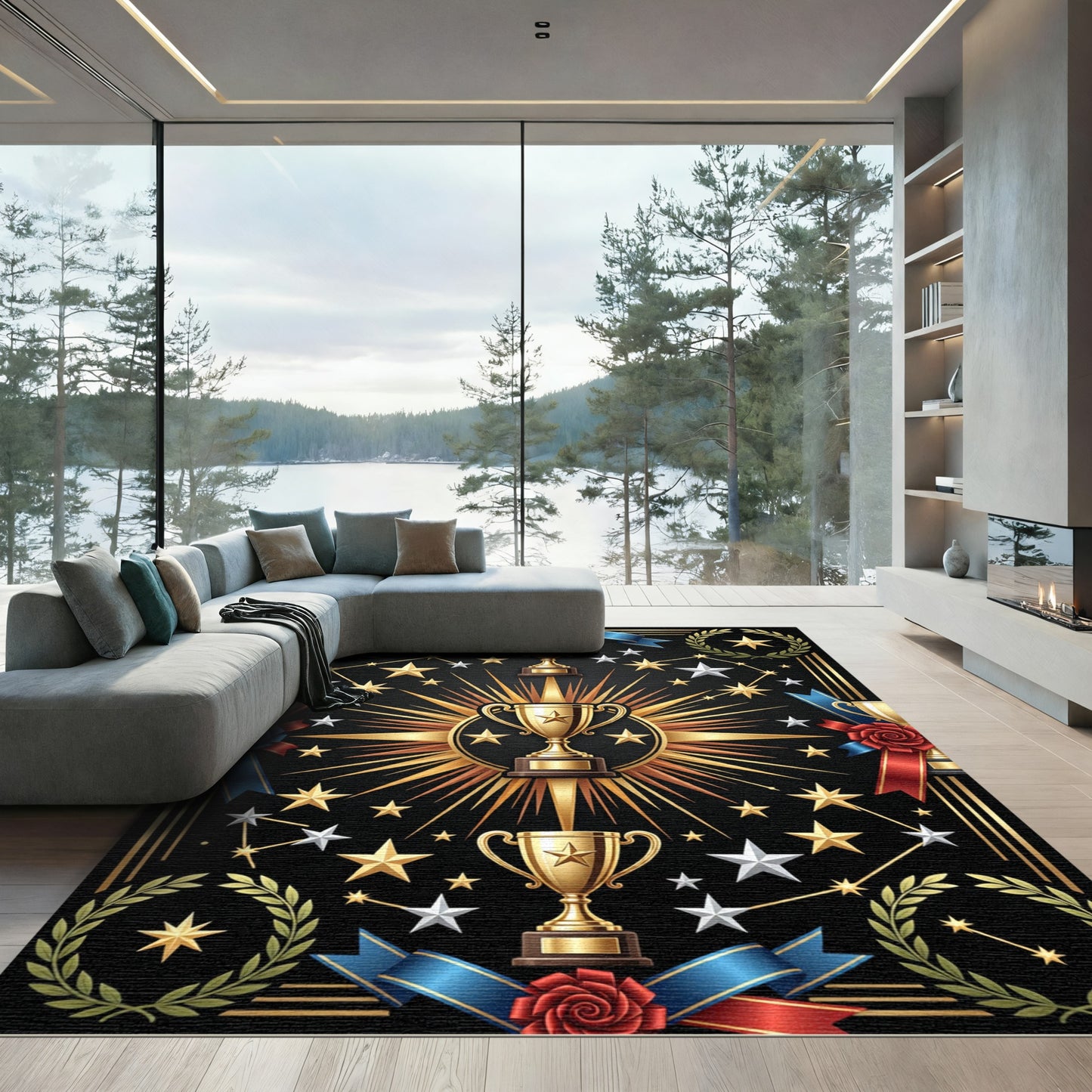 Golden Trophy Celestial Starry Black Emblem Rug
