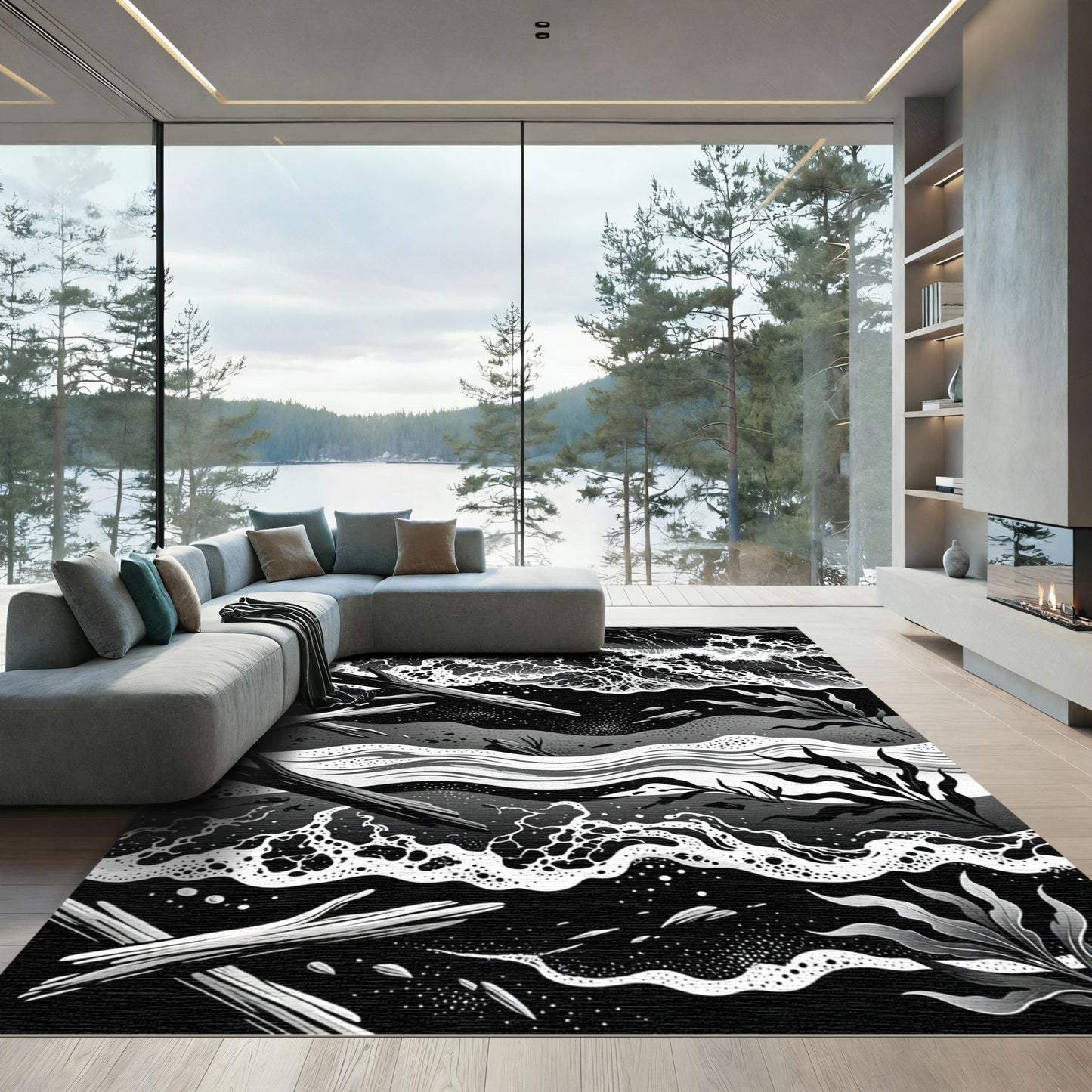Monochrome Driftwood and Oceanic Wave Art Rug