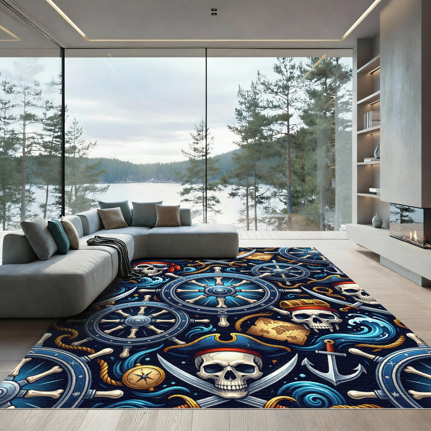 Navy Pirate Skull Nautical Helm Treasure Rug