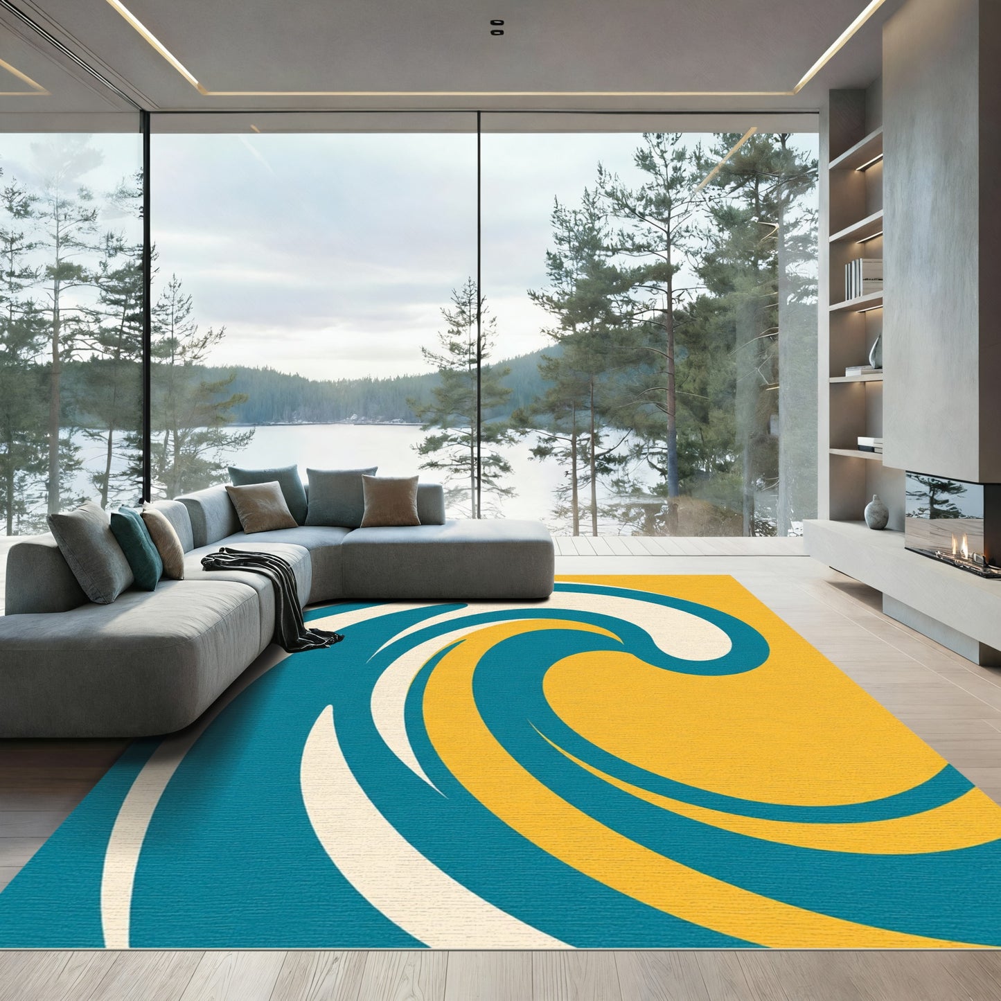 Abstract Teal Cream Wave Rug