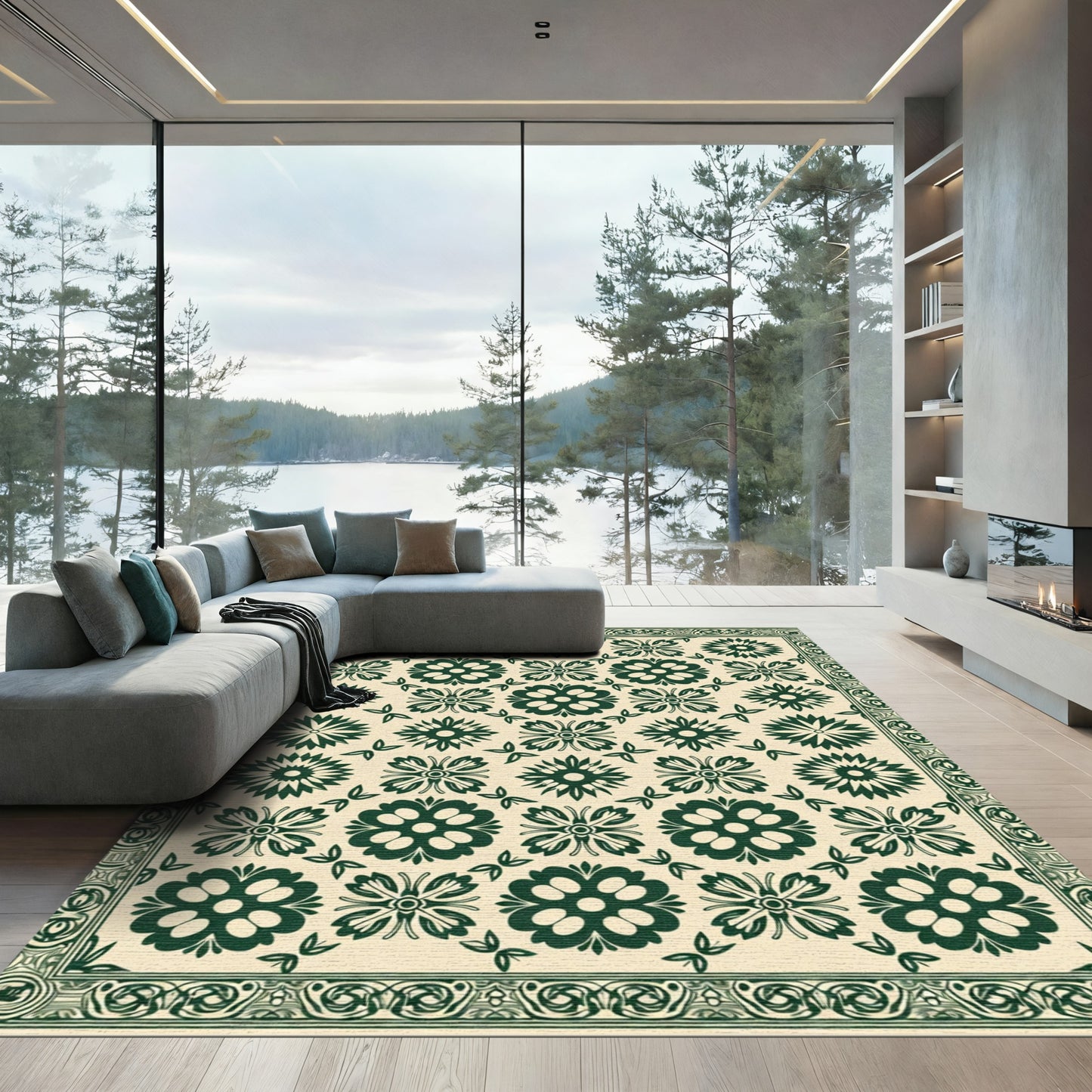 Dark Green Floral Garden Repeating Design Rug