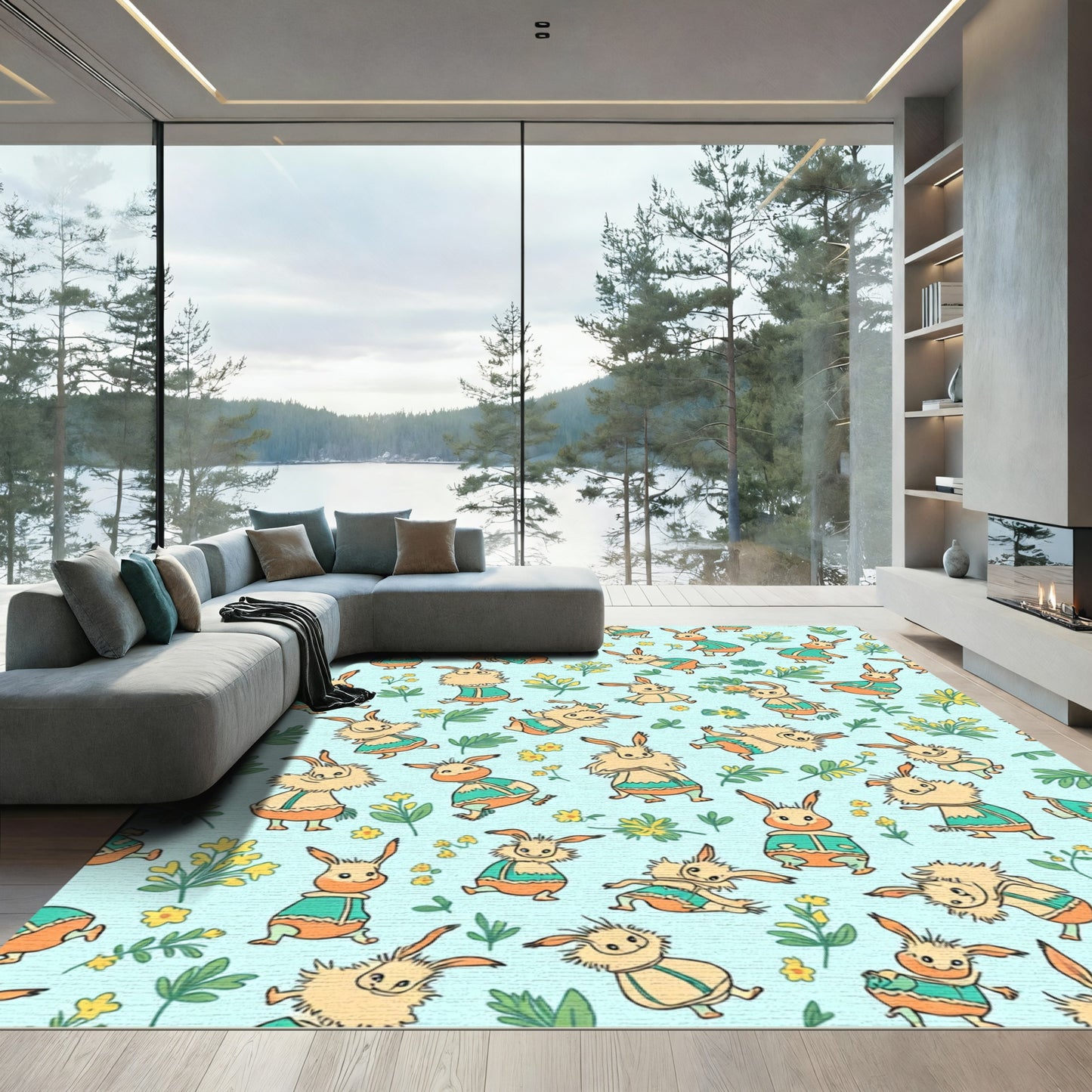 Whimsical Bunnies With Yellow Flowers Rug