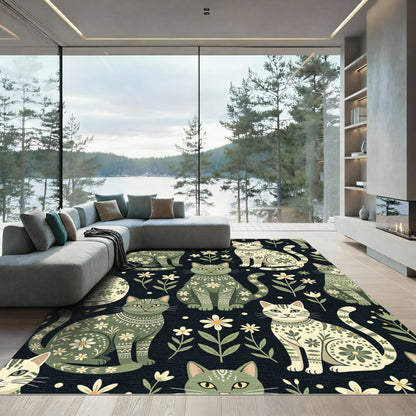 Sage Green Floral Folk Cat Illustration Rug