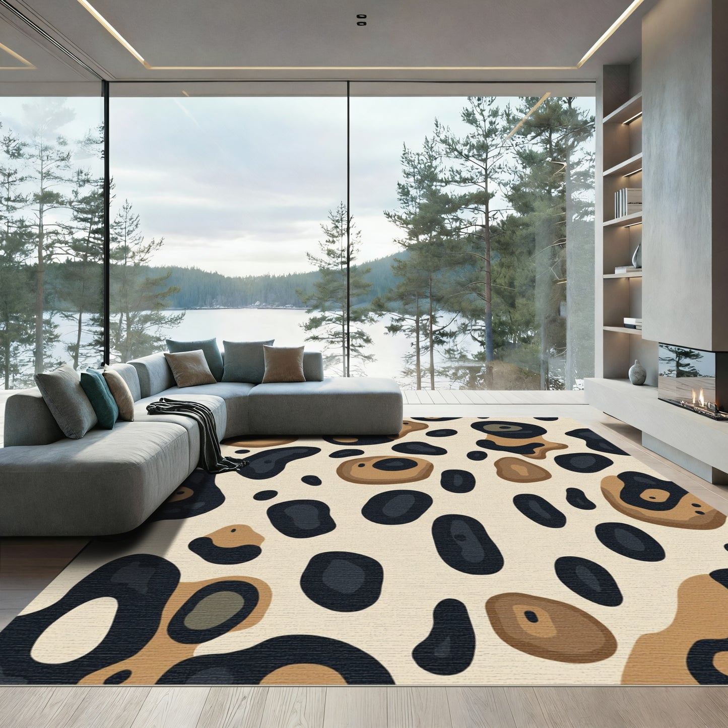 Tan Black Abstract Spots Rug