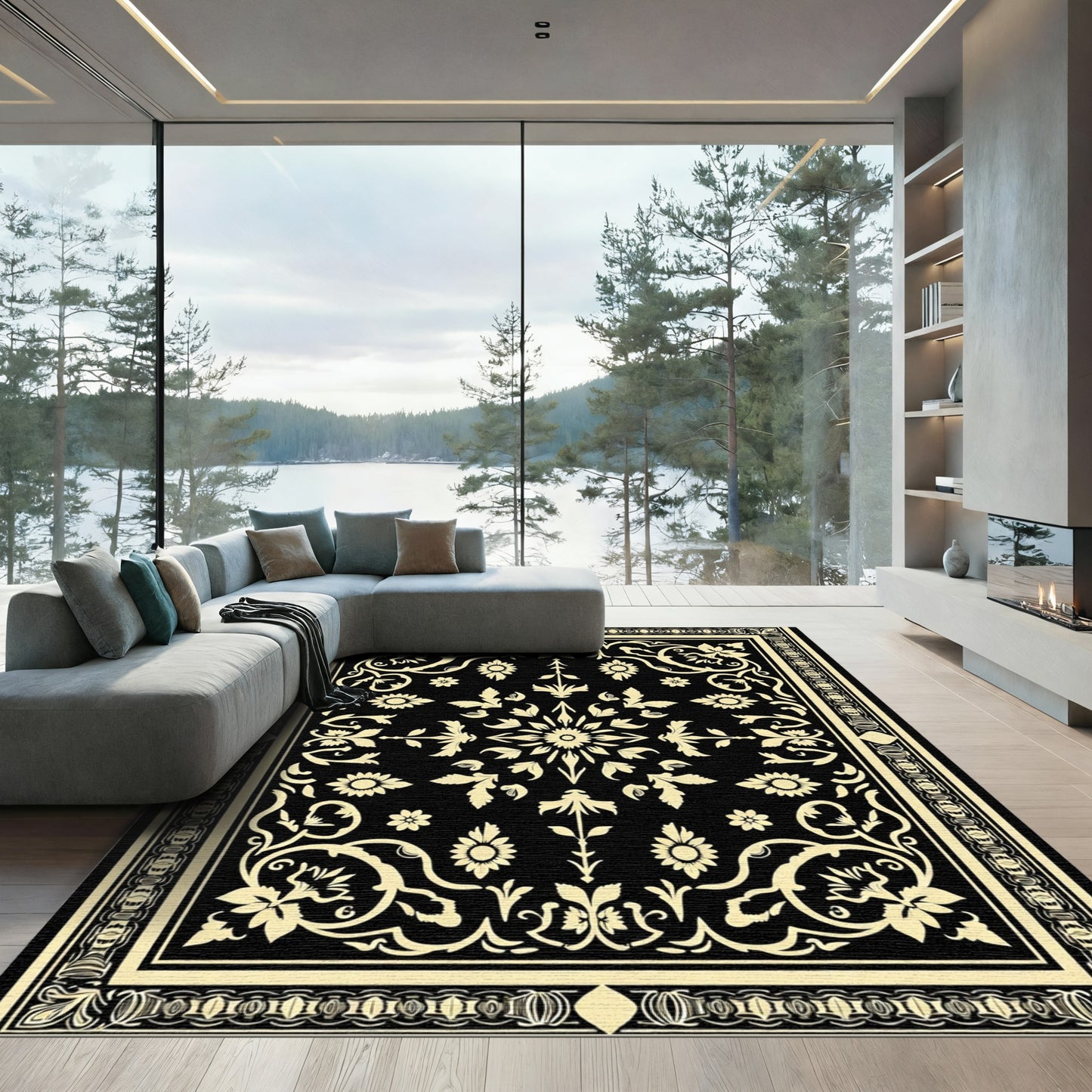 Black Cream Floral Medallion Tapestry Rug