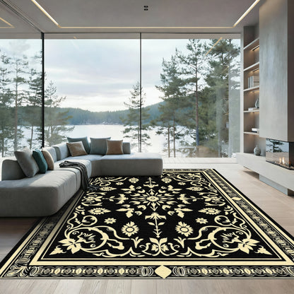 Black Cream Floral Medallion Tapestry Rug